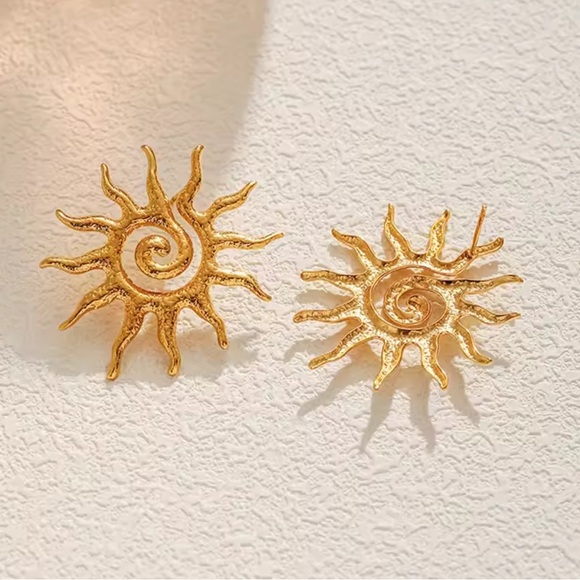 Abstract Sunburst 18K Gold Stainless Steel Earrings - Picture 13 of 14